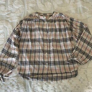 Faherty Everleigh Top Blouse Womens Size S Orange Blue Plaid Peasant Cowgirl